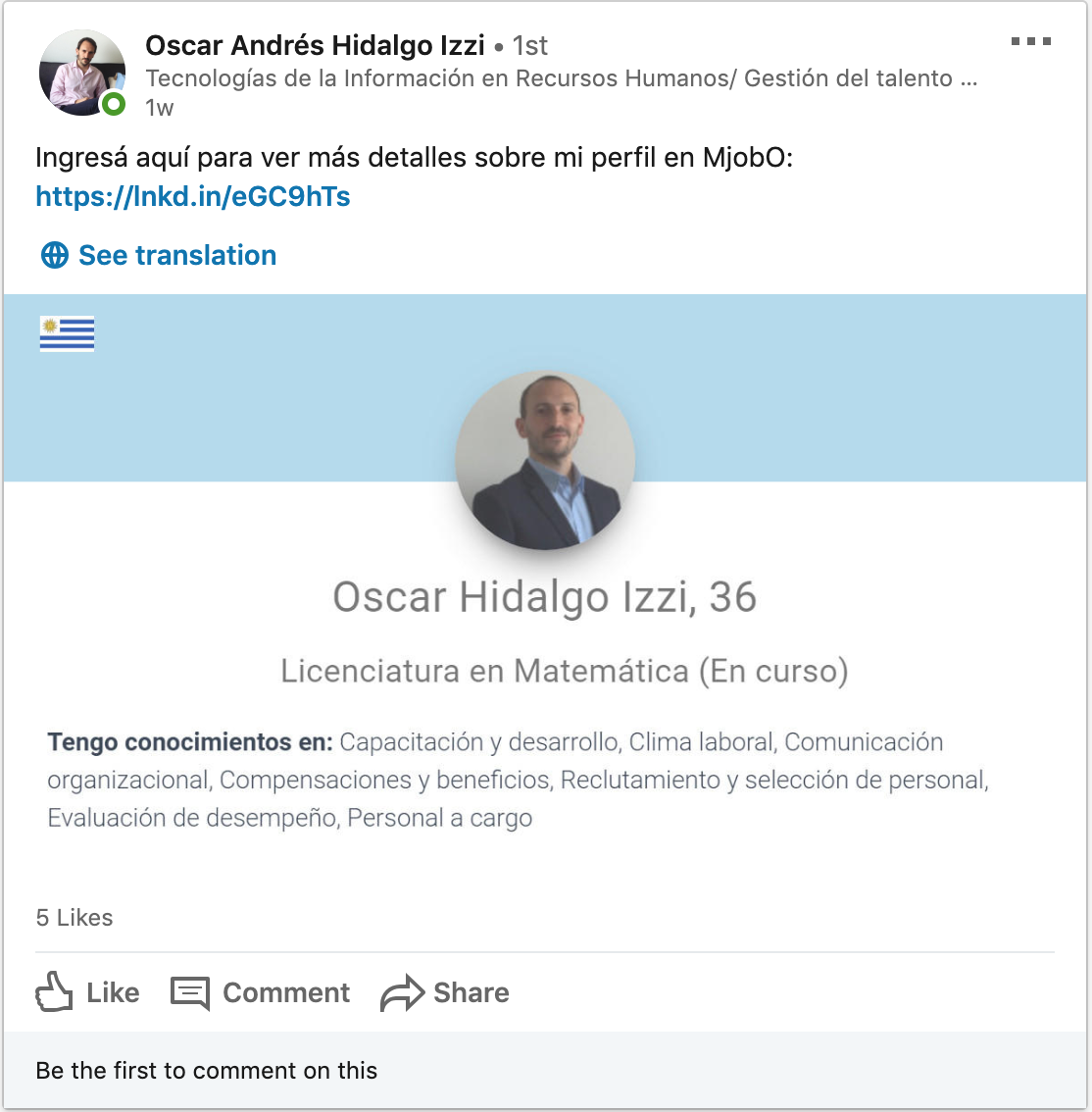 A user sharing its MjobO profile in Linkedin