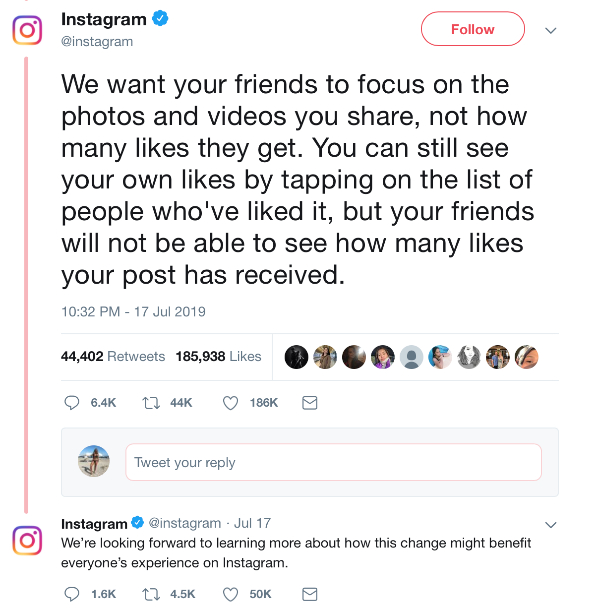 Instagram removing likes tweet