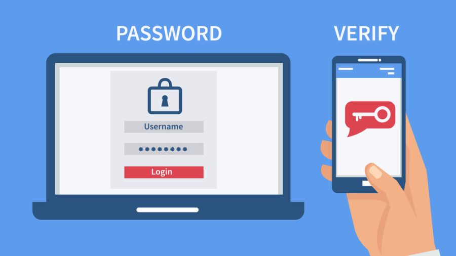 Laptop showing a password and a smartphone showing a key to verify.