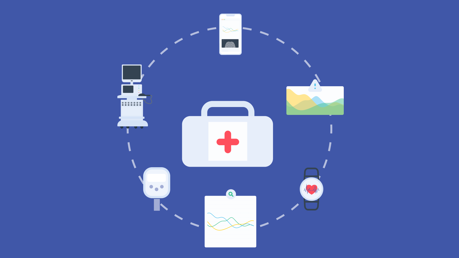 Illustration of different medicine devices and objects that are connected.