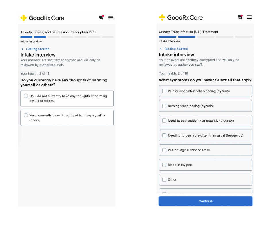 GoodRxCare screenshots of Good-Anxiety and Good-UTI 
