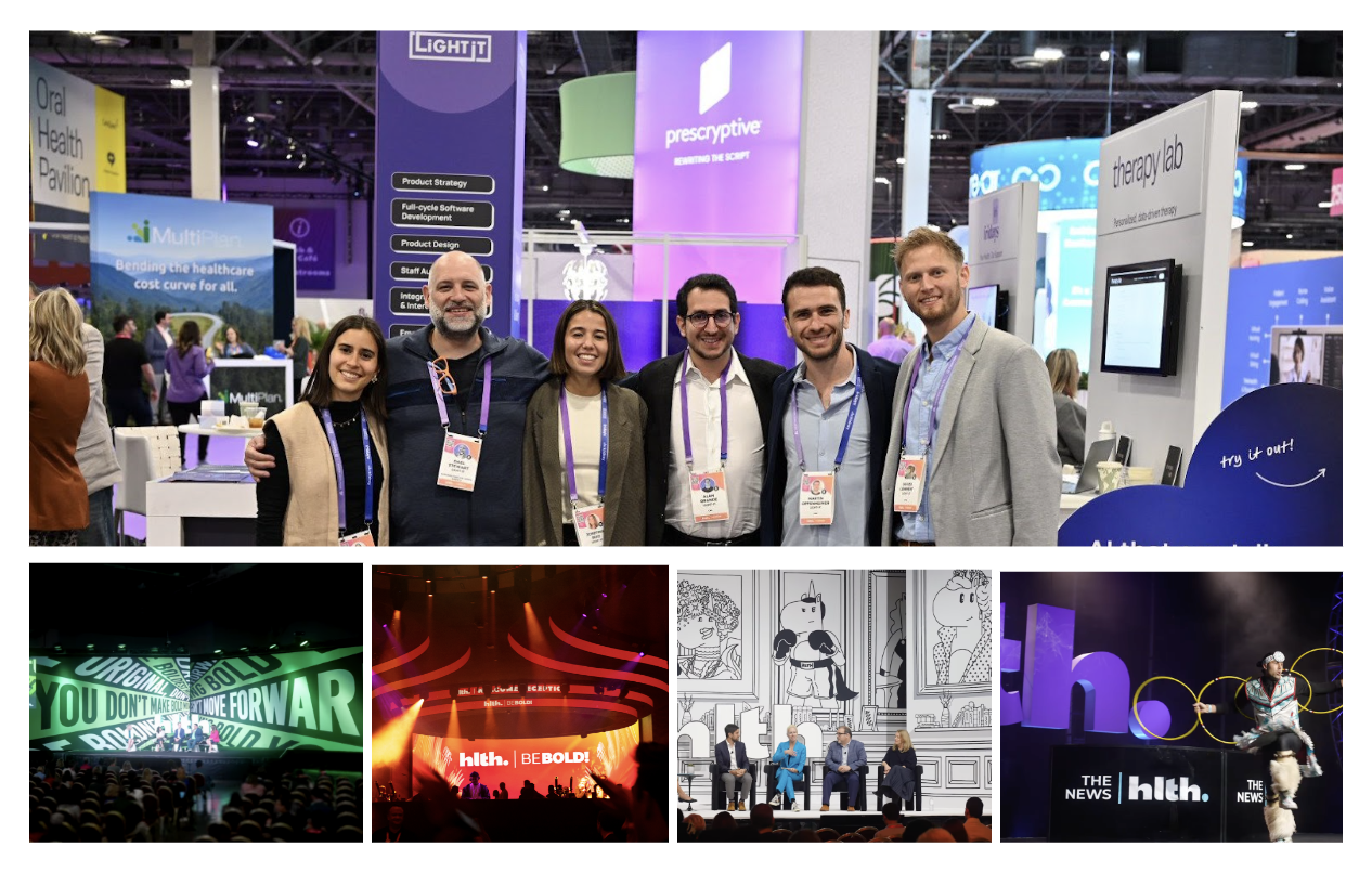 A collection of photos from hlth 2024. Includes: Light-it team, panel discussions and music shows