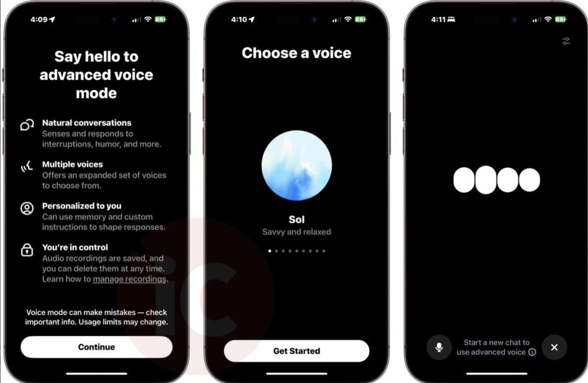 Three iPhone screens showing ChatGPT-5’s Advanced Voice Mode setup