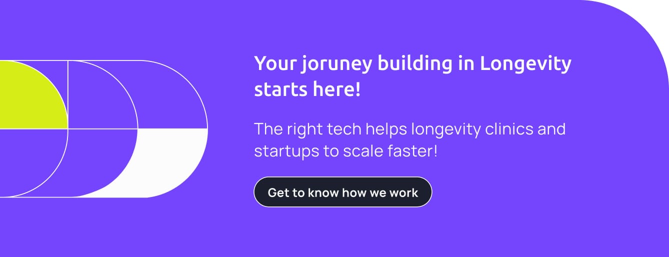 Banner: "Your joruney building in Longevity starts here! The right tech helps longevity clinics and startups to scale faster! Get to know how we work"